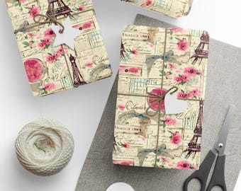 Paris Eiffel Tower Gift Wrap: French Word Art, Floral Design