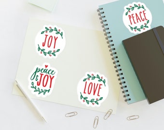 Christmas Sticker Sheets, Die-Cut Stickers, Holiday Stickers, Christmas Stickers, Peace, Love, Joy, Merry Christmas Stickers