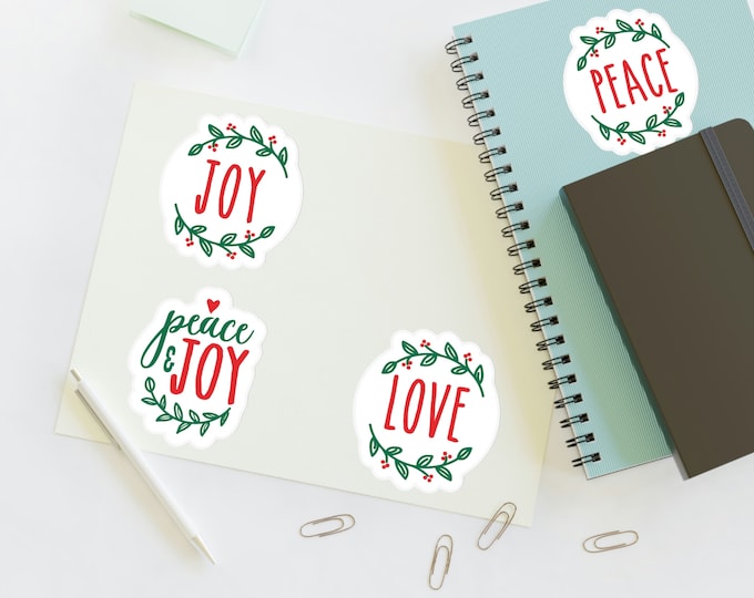 Christmas Sticker Sheets, Die-Cut Stickers, Holiday Stickers, Christmas Stickers, Peace, Love, Joy, Merry Christmas Stickers