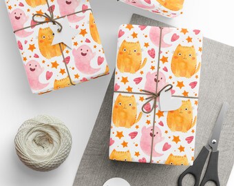 Pink Halloween Gift Wrap, Spooky Cats & Ghosts, Watercolor Paper