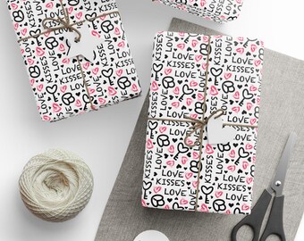 Valentines Day Gift Wrap, Valentine Gift Wrap, Valentine Wrapping Paper, Cute Valentine Wrap, Hearts Gift Wrap, Love and Kisses Gift Wrap