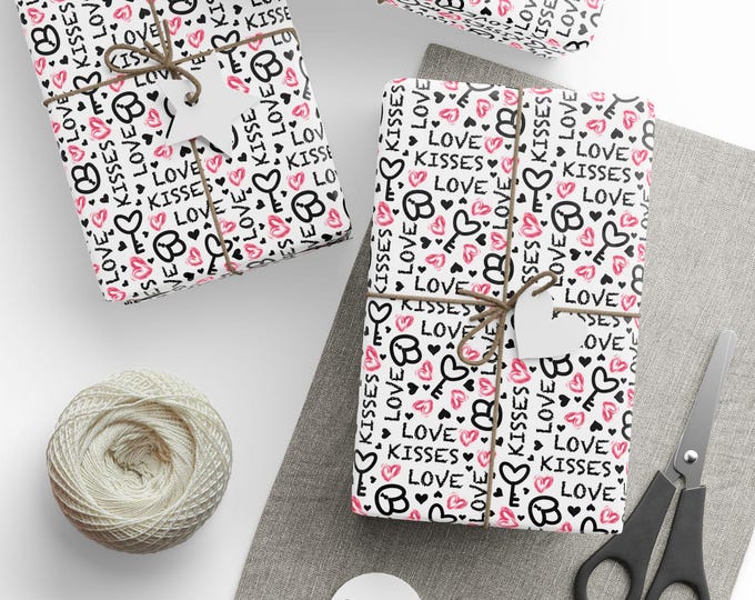 Valentines Day Gift Wrap, Valentine Gift Wrap, Valentine Wrapping Paper, Cute Valentine Wrap, Hearts Gift Wrap, Love and Kisses Gift Wrap