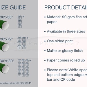 May include: Green wrapping paper rolls with a festive elf design, available in 30"x36", 30"x72", and 30"x180" sizes. The product details include 90 gsm fine art paper, one-sided print, and matte or glossy finish.