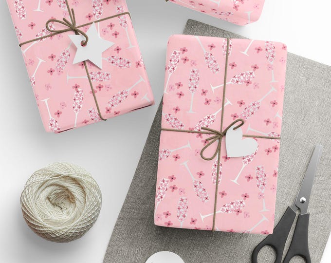 Champagne and Flowers Celebration Gift Wrap, Gift Wrap for Bridal Shower, Wedding Gift Wrap, Birthday Gift Wrap, Celebration Wrapping Paper