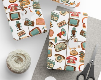 Retro Media Gadgets Gift Wrap, Vintage Electronics Gift Wrap, 50s, 60s, 70s Vintage Retro Gift Wrap, Fathers Day, Dads Birthday
