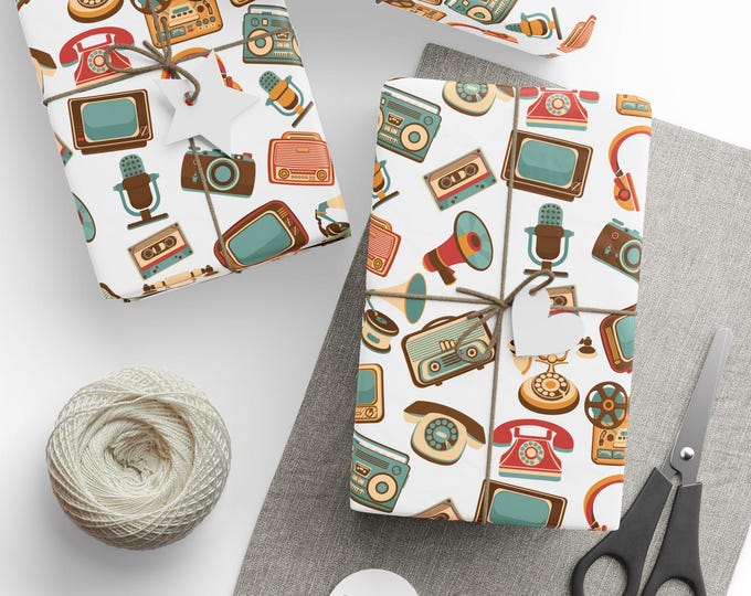 Retro Media Gadgets Gift Wrap, Vintage Electronics Gift Wrap, 50s, 60s, 70s Vintage Retro Gift Wrap, Fathers Day, Dads Birthday