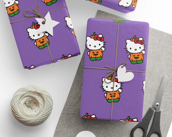 Halloween Hello Kitty Pumpkin Purple Wrapping Paper, Hello Kitty Gift Wrap, Spooky Hello Kitty Gift Wrap, Halloween Hello Kitty Gift Wrap