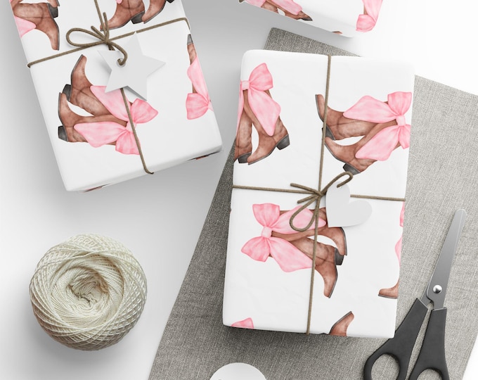 Wrapping Papers - Pink Coquette Cowgirl Gift Wrap, Pink Bows and Cowboy Boots Gift Wrap, Coquette Wrapping Paper Roll, Pretty Pink Coquette