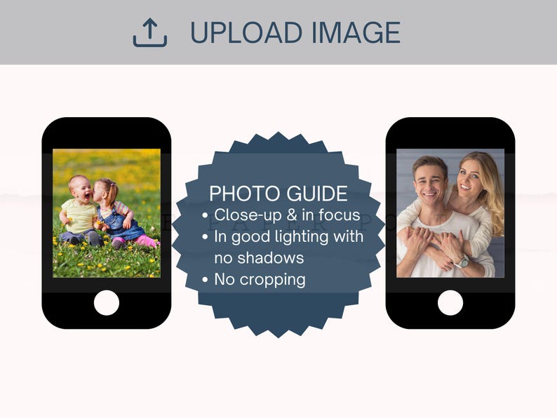 May include: A photo guide graphic featuring two black smartphone icons displaying example photos. The central dark blue star-shaped badge contains the white text: PHOTO GUIDE, Close-up & in focus, In good lighting with no shadows, No cropping.