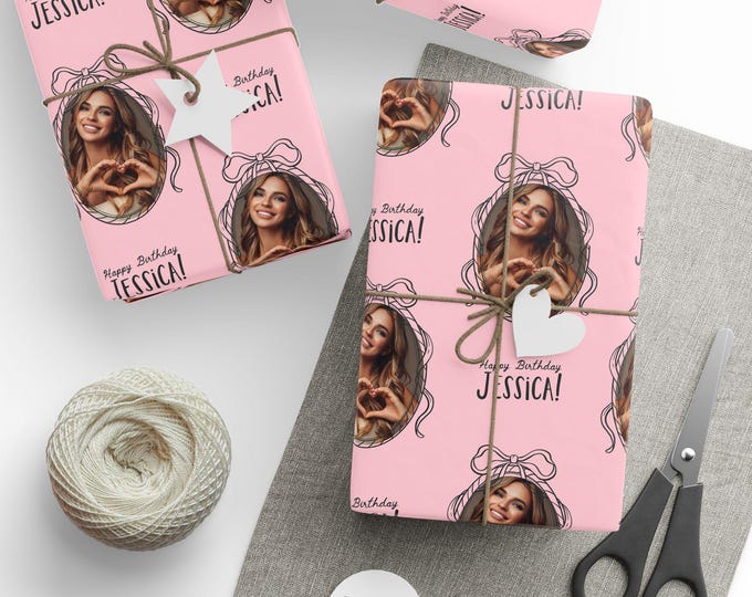 Custom Photo Birthday Wrapping Paper, Personalized Gift Wrap, Coquette Aesthetic Gift Wrap, Coquette Birthday Gift Wrap