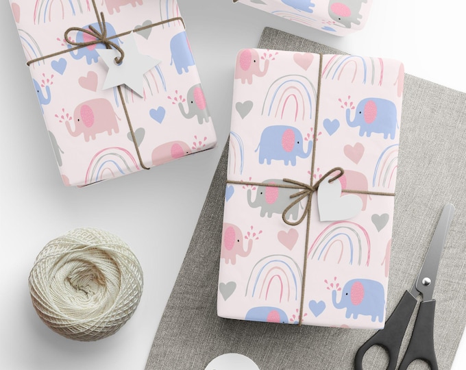 Baby Shower Gift Wrap, Boho Baby Elephant Gift Wrap, Baby Boy Gift Wrap, Baby Girl Gift Wrap, Boho Rainbow Wrapping Paper, New Mom Gift Wrap