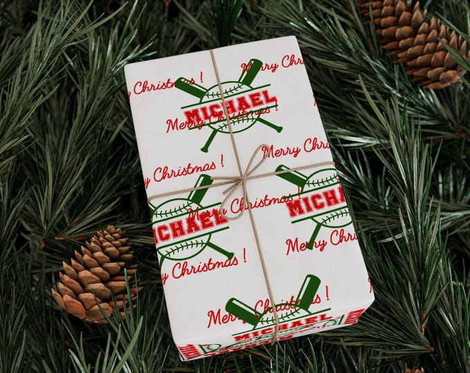 Personalized Baseball Monogram Christmas Gift Wrap, Custom Name Baseball Player Wrapping Paper, Gift Wrap for Baseball Players