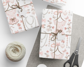 Pink Coquette Gift Wrap, Pink Bows and Pearls Gift Wrap, Coquette Wrapping Paper Roll, Pretty Pink Paper