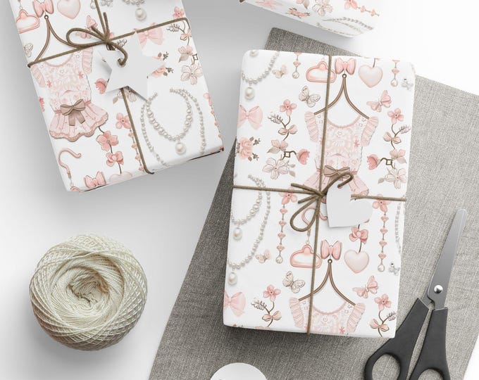 Pink Coquette Gift Wrap, Pink Bows and Pearls Gift Wrap, Coquette Wrapping Paper Roll, Pretty Pink Paper
