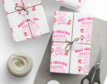 Pink Christmas Gift Wrap, Personalized Wrapping Paper, Custom Name Gift Wrap, Naughty and Nice List, Christmas Elves Gift Wrap