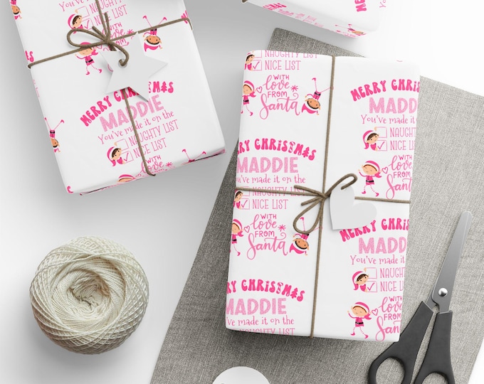 Personalized Pink Christmas Gift Wrap, Custom Name Gift Wrap, Naughty and Nice List, Christmas Elves Gift Wrap