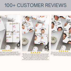 May include: Three gift-wrapped boxes featuring custom printed wrapping paper. One design displays the name Amanda with red hearts, another shows a child's face with the text Happy Birthday, and the third features a man's face with Happy Birthday.