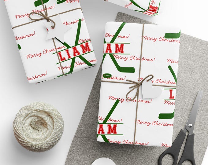 Personalized Sports Hockey Gift Wrap: Custom Name Christmas Holiday Wrapping Paper