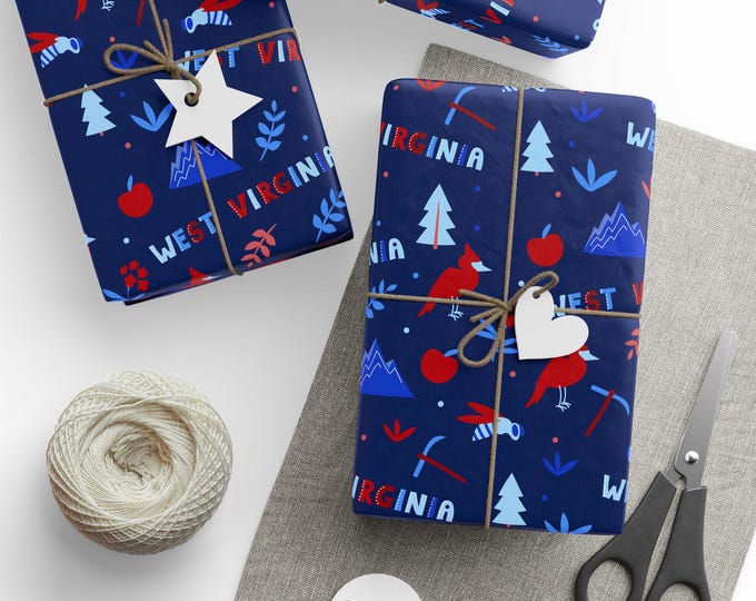 West Virginia State Wrapping Paper, West Virginia Gift Wrap, US State Wrapping Paper, Folk Art Style Gift Wrap, Scandinavian Style Gift Wrap