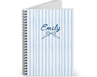 Blue Watercolor Stripe Bow Emily Spiral Notebook