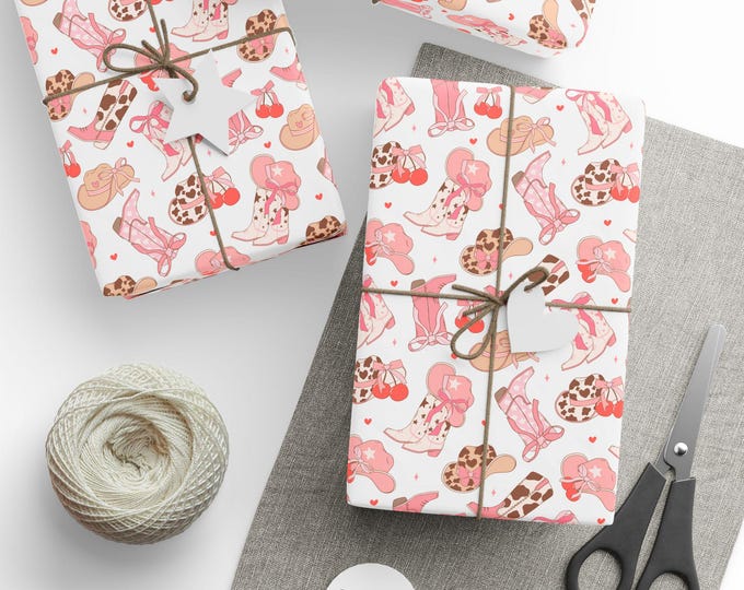 Pink Coquette Cowgirl Gift Wrap, Coquette Birthday Gift Wrap, Cowgirl Hats and Boots Gift Wrap, Pink Bows and Cherries, Bridal Shower Wrap