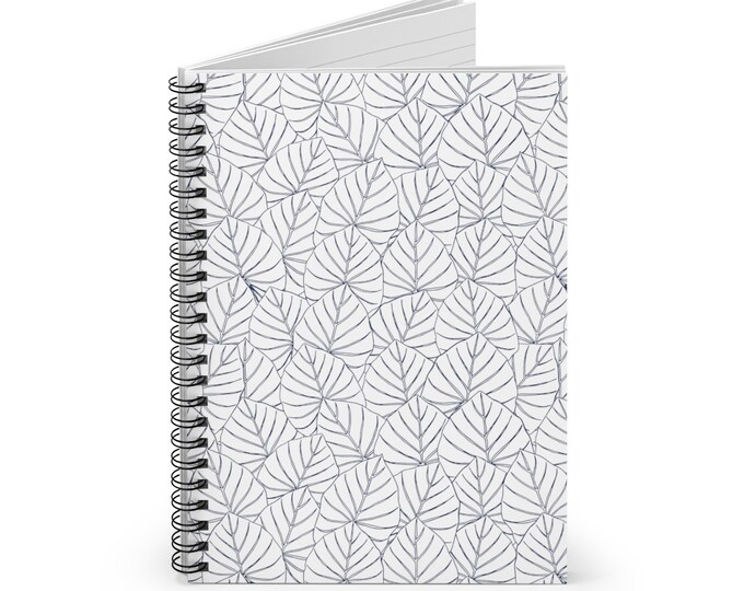 Spiral Notebook Ruled Line, Spiral Journal, Blue Ink Tropical, Blue Striped, Tropical Leaves, Leaf Pattern Journal, Stationery