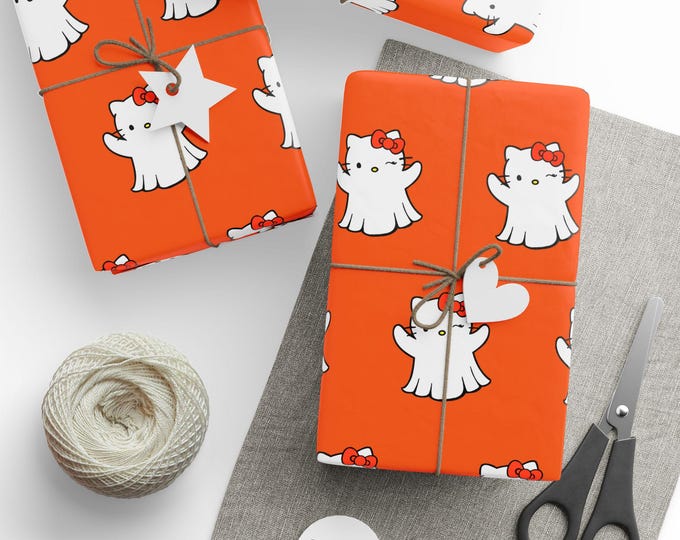Halloween Hello Kitty Ghost Orange Wrapping Paper, Hello Kitty Gift Wrap, Spooky Hello Kitty Gift Wrap, Halloween Hello Kitty Gift Wrap