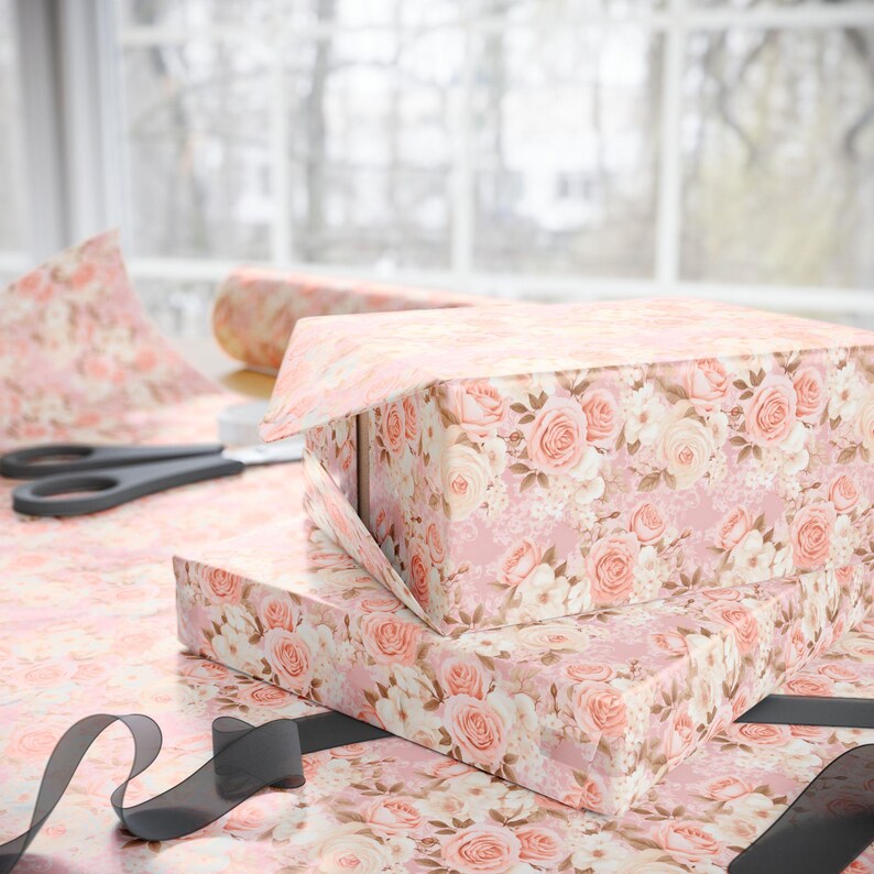 Papel de regalo con rosas rosas, papel de regalo floral, papel de bellas artes de 90 g/m² imagen 2