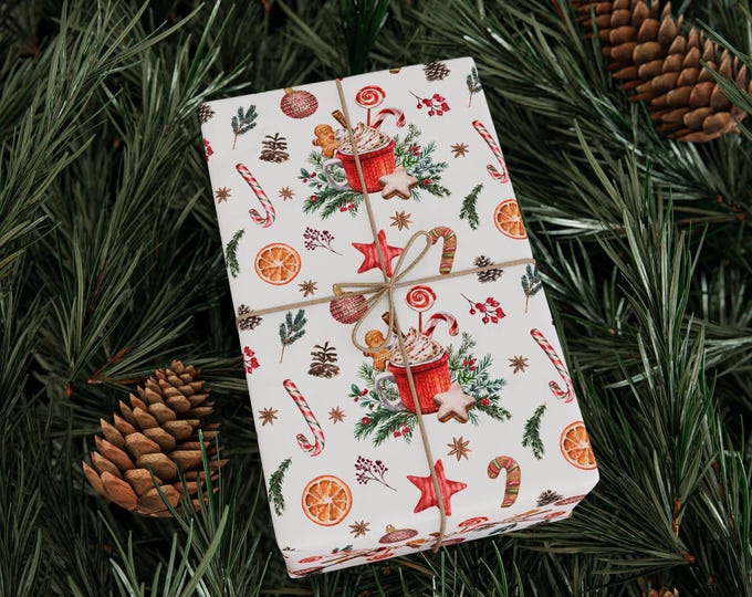 Hot Cocoa Christmas Wrapping Paper Roll, Christmas Gift Wrap, Christmas Wrapping Paper, Cute Christmas Gift Wrap