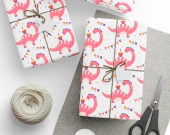 Pink Dinosaur Birthday Gift Wrap, Birthday Girl Gift Wrap, Dino Gift Wrap, Wrapping Paper Roll, Birthday Gift Wrap