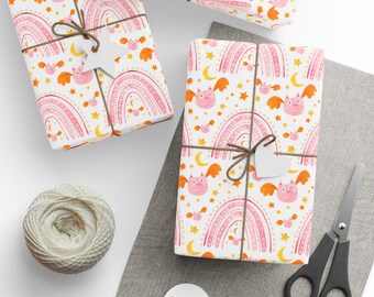 Pink Halloween Gift Wrap, Halloween Gift Wrap, Pink Rainbows and Bats Gift Wrap, Halloween Birthday Gift Wrap, Premium Gift Wrap