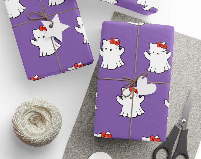 Halloween Hello Kitty Ghost Purple Wrapping Paper, Hello Kitty Gift Wrap, Spooky Hello Kitty Gift Wrap, Halloween Hello Kitty Gift Wrap