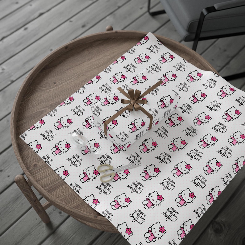 Personalized Hello Kitty Pattern wrapping paper | Birthday Gift Wrap, Pink Character Prin image 3