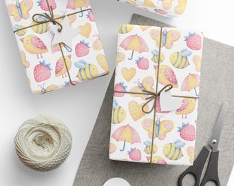 Baby Shower Wrapping Paper Roll, Butterfly, Bee, Strawberry Design