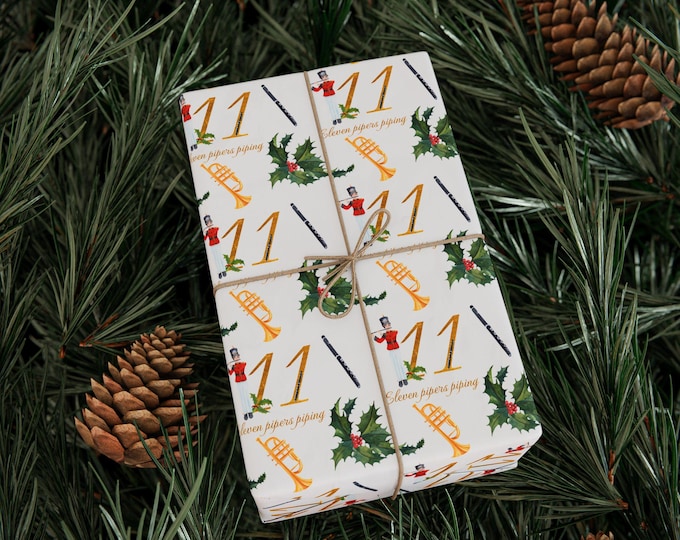 Twelve Days of Christmas Whimsical Gift Wrapping Paper, Eleventh Day of Christmas Gift Wrap, Holiday Gift Wrap