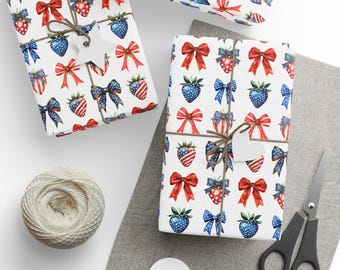 Fourth of July Gift Wrap, Coquette Bows & Strawberries, Red White and Blue Coquette Gift Wrap, Independence Day Holiday Gift Wrap