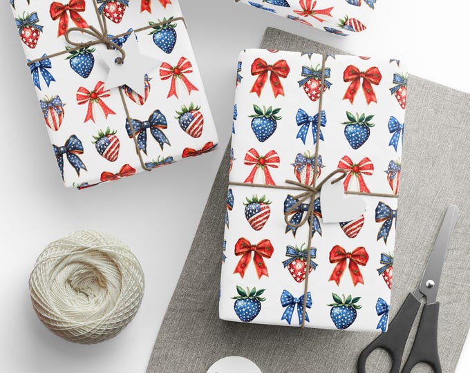 Fourth of July Gift Wrap, Coquette Bows & Strawberries, Red White and Blue Coquette Gift Wrap, Independence Day Holiday Gift Wrap