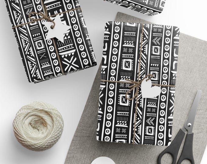 Black and White Tribal Wrapping Paper, Black & White Gift Wrap, African Tribal Gift Wrap, Black and White Wrapping Paper Roll