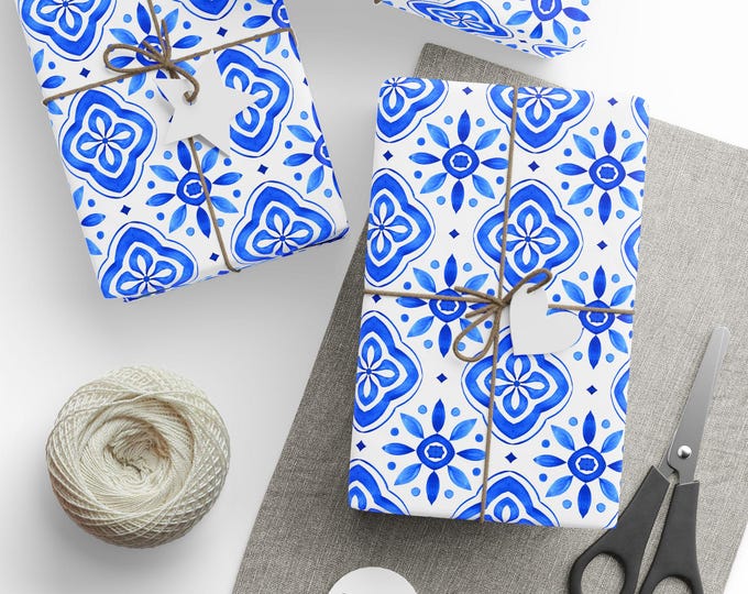 Blue Ceramic Tile Wrapping Paper, Blue Ceramic Tile Gift Wrap, Mediterranean Tile Gift Wrap, Wedding Gift Wrap, Wrapping Paper Roll