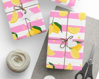 Summer Fruits Wrapping Paper, Pink Lemon Pattern Gift Wrap, Summertime Gift Wrap, Trendy Gift Wrap, Novelty Gift Wrap, Premium Gift Wrap