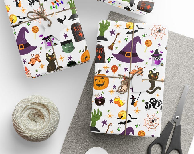 Halloween Wrapping Paper, Spooky Halloween Gift Wrap, Halloween Gift Wrap, Spooky Ghosts, Pumpkins, Spiders, Bats, Wrapping Paper Roll