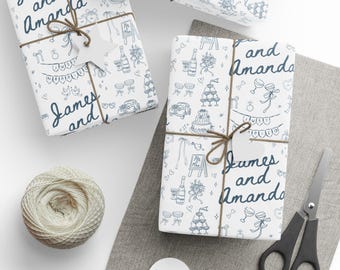 Customizable Whimsical Wedding Wrapping Paper, Hand-Drawn Designs (Glossy or Matte)