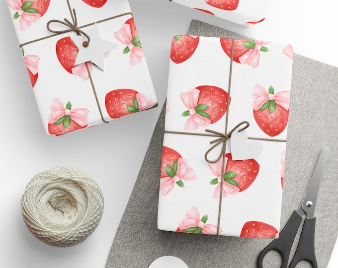 Gift Wrap - Pink Coquette Strawberry Wrapping Papers, Pink Bows, Coquette & Fruit Gift Wrap, Strawberry Design, Gift Packaging Supplies