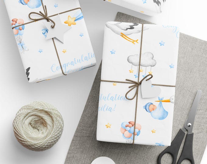 Personalized Baby Shower Gift Wrap, Custom Name Gift Wrap, Blue Baby Shower Gift Wrap, Baby Shower Wrap for Baby Boy, Stork Baby Gift Wrap