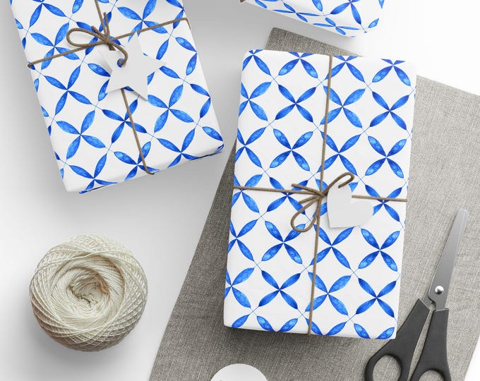Blue Ceramic Tile Wrapping Paper, Blue Ceramic Tile Gift Wrap, Mediterranean Tile Gift Wrap, Wedding Gift Wrap, Wrapping Paper Roll