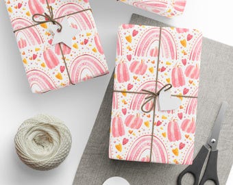 Pink Halloween Wrapping Paper: Watercolor Pumpkins & Rainbows