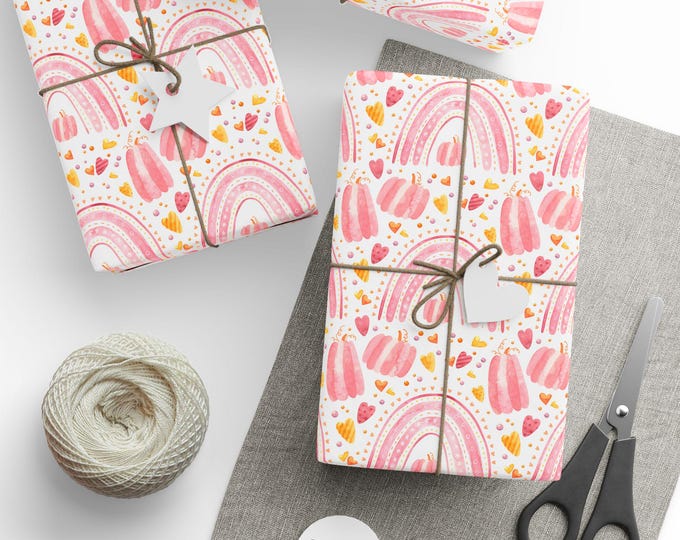 Pink Halloween, Watercolour Gift Wrap, Halloween Pink Gift Wrap, Pink Rainbows and Pumpkins Gift Wrap, Pink Halloween Wrapping Paper Roll