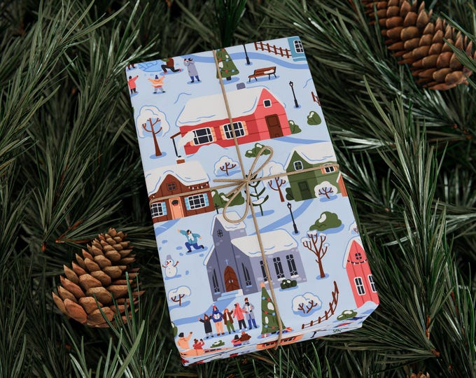 Christmas Gift Wrap, Wintery Christmas Wrapping Paper Roll, Christmas Wrapping Paper, Winter Holiday Gift Wrap, Winter Village Gift Wrap