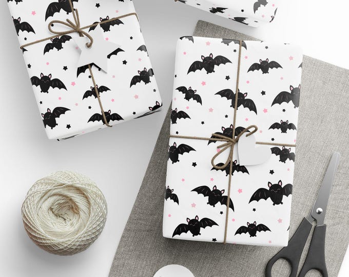 Pink Halloween Wrapping Paper, Halloween Bats Gift Wrap, Pink Halloween Bats Gift Wrap, Pink Gift Wrap