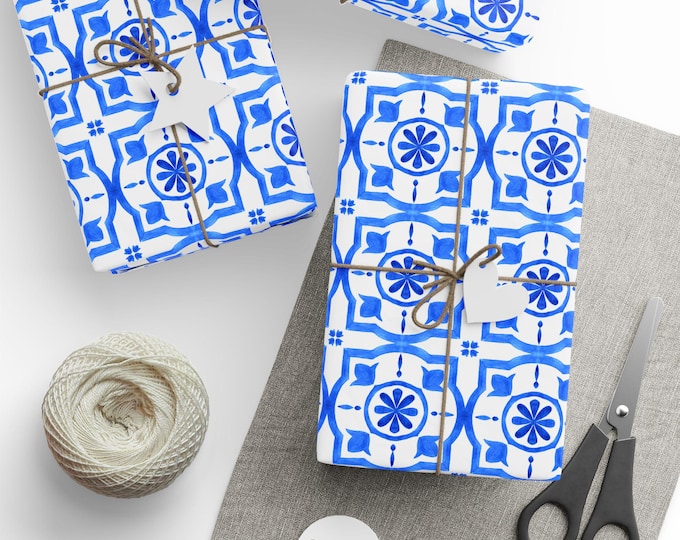 Blue Ceramic Tile Wrapping Paper, Blue Ceramic Tile Gift Wrap, Mediterranean Tile Gift Wrap, Wedding Gift Wrap, Wrapping Paper Roll